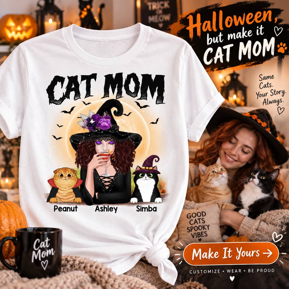 Halloween Witch Cat Mom - Personalized Shirt - Halloween Gift For Cat Lovers