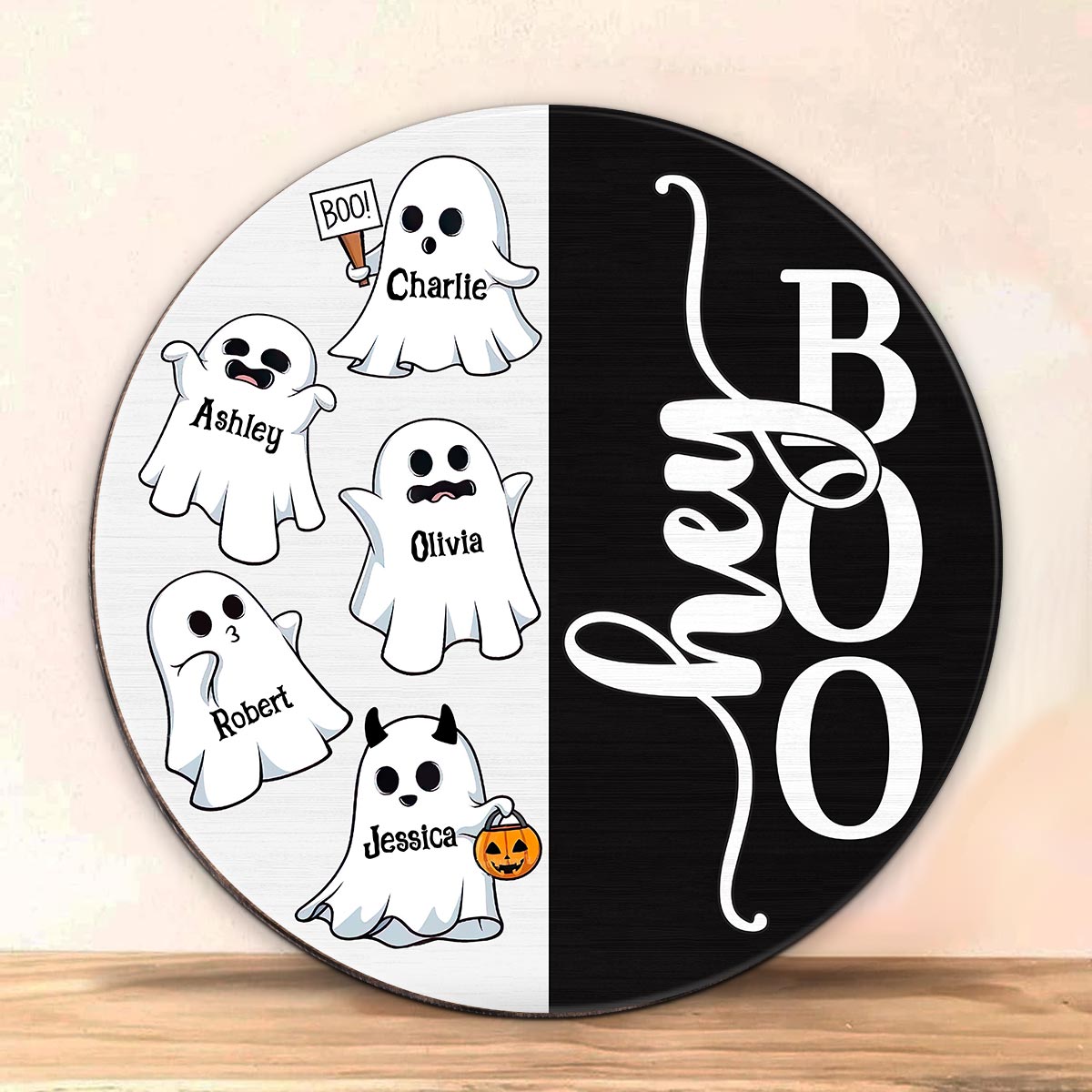 Hey Boo Halloween Family Personalized Wood Sign, Door Hanger, Halloween Decor