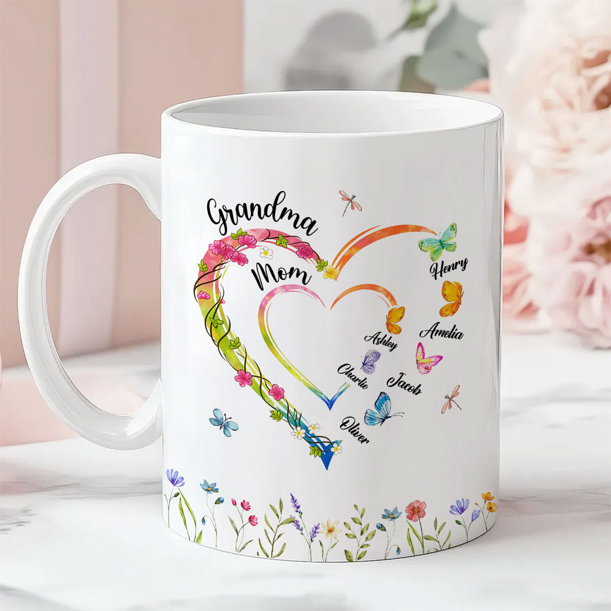 Custom Grandma Mom Flower Heart with Kids Names - Personalized Mug - Gift for Mom, Grandma