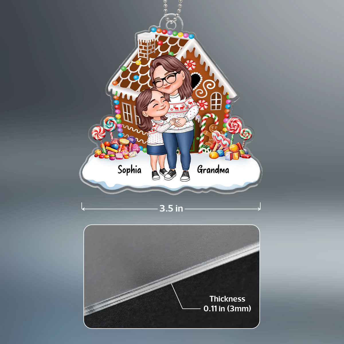 Cartoon Grandma & Grandkids Hugging Gingerbread House Personalized Acrylic Ornament