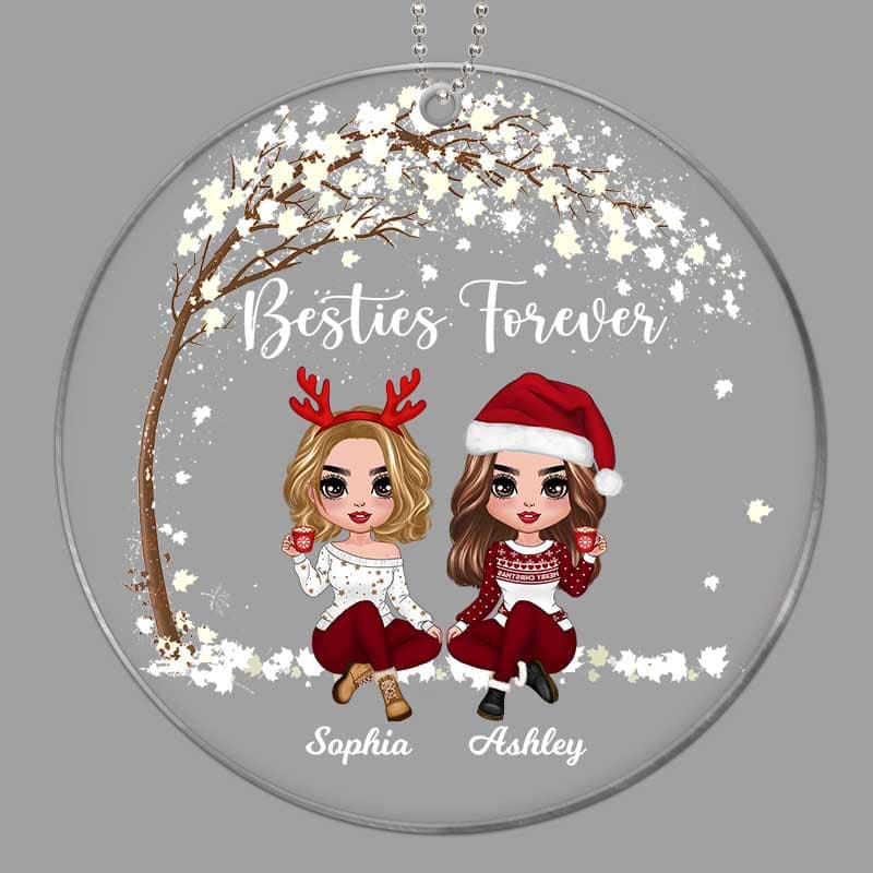 Doll Besties Sisters Sitting Under Tree Christmas Personalized Acrylic Ornament