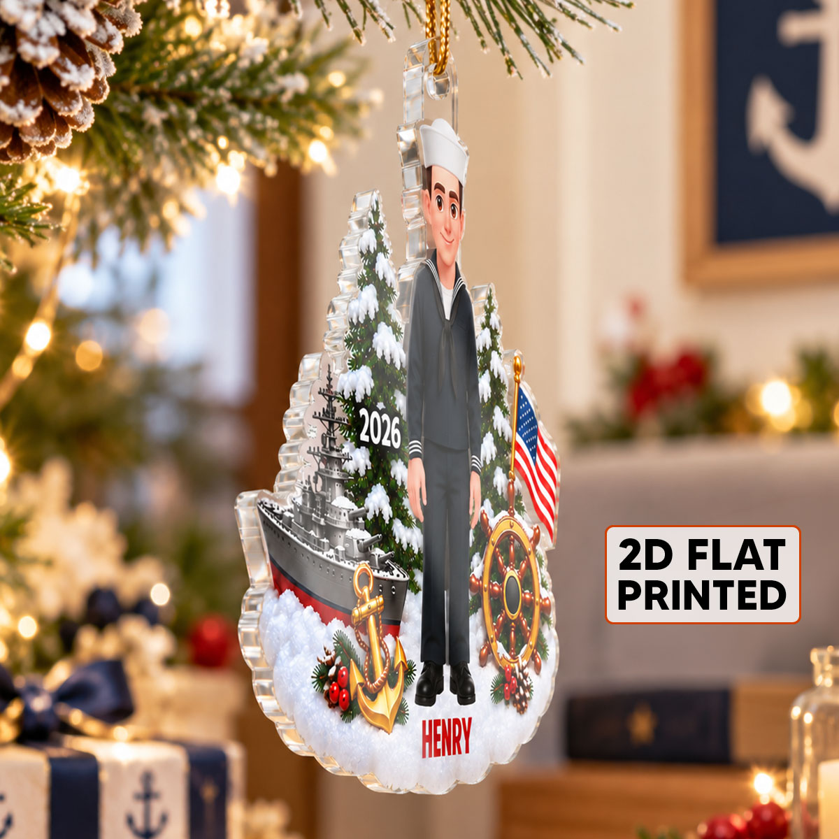 Navy Sailor Custom Name - Personalized Acrylic Ornament - Christmas Gift For Navy Sailors, Navy Veterans, Military Men, Son, Husband, Dad