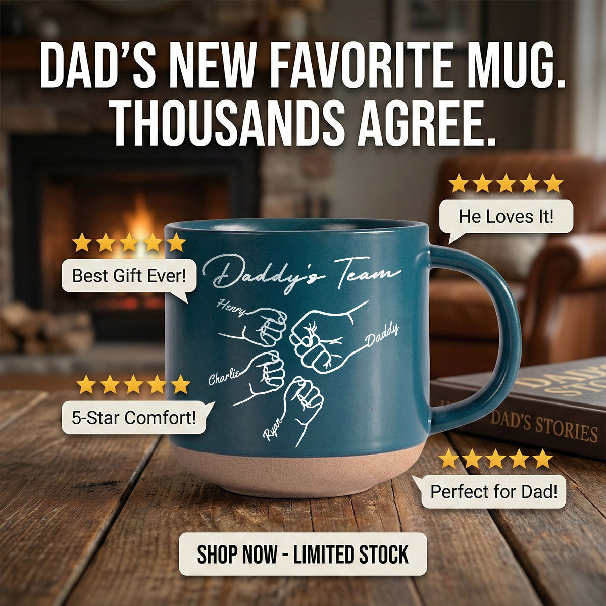 Daddy's Team Fist Bump - Personalized Pottery Mug - Gift For Dad