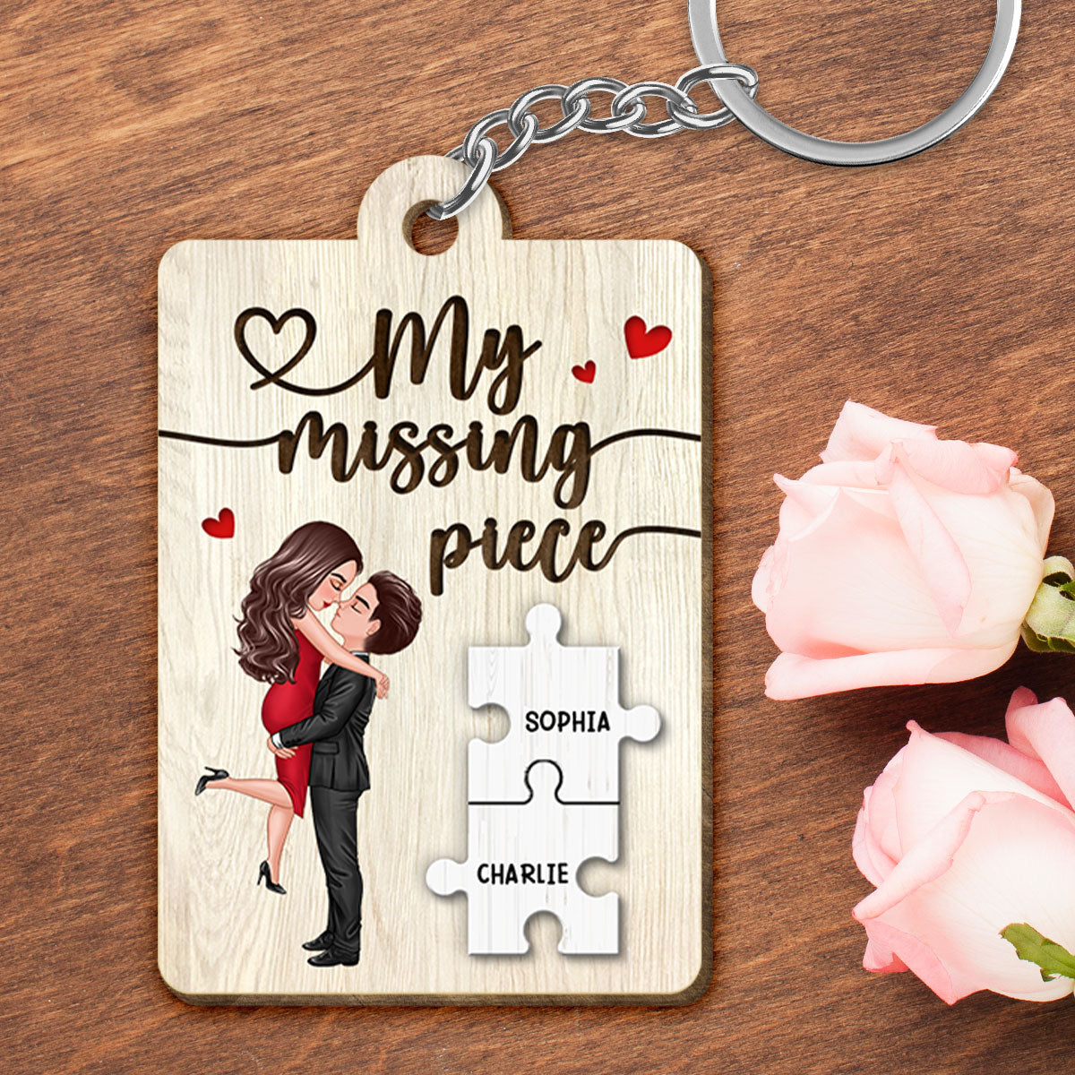 My Missing Piece Couple Hugging Kissing Valentine‘s Day Gift For Her Gift For Him Personalized Wooden Keychain
