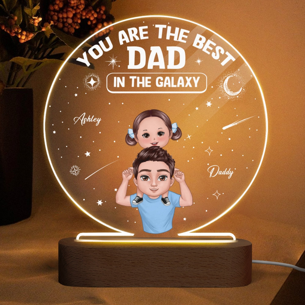 Doll Dad And Kids Piggyback Best Dad In The Galaxy Personalized Personalized Circle Acrylic Plaque LED Night Light