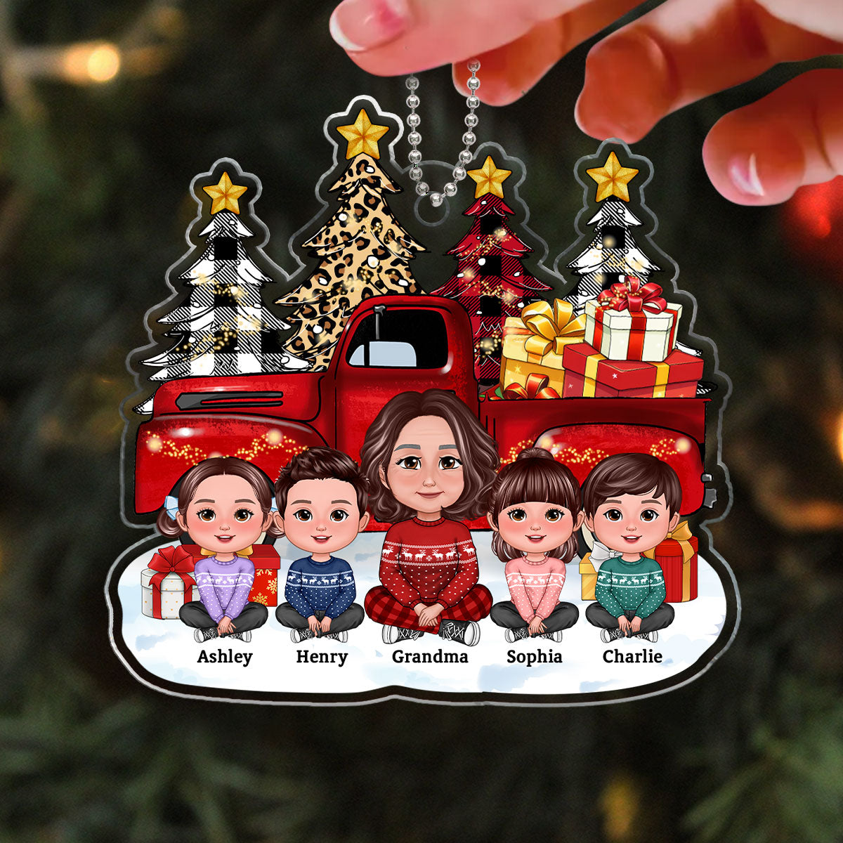 Grandma Grandkids Christmas Truck Tree Line Personalized Acrylic Ornament