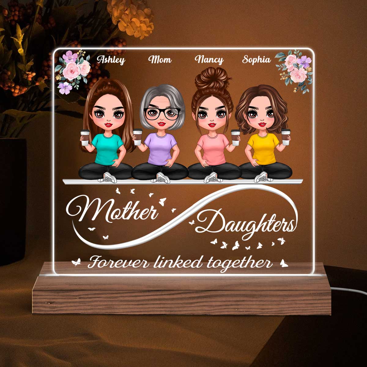 Doll Mother Daughters Sitting On Infinity Personalized Acrylic Custom Shape LED Night Light