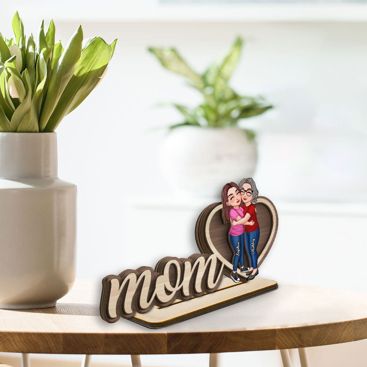 Mom Hugging Daughter Personalized 2-Layers Standing Wooden Plaque