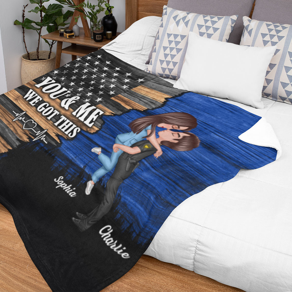 Hero Couple Hugging Kissing Half Flag Gift by Occupation Gift For Her Gift For Him Personalized Fleece Blanket