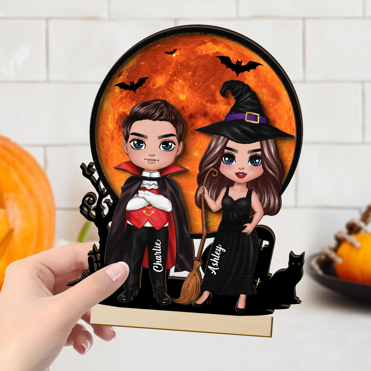 Couple Under Halloween Moon Tabletop Tier Tray Decor Personalized 2-Layer Standing Wooden Plaque