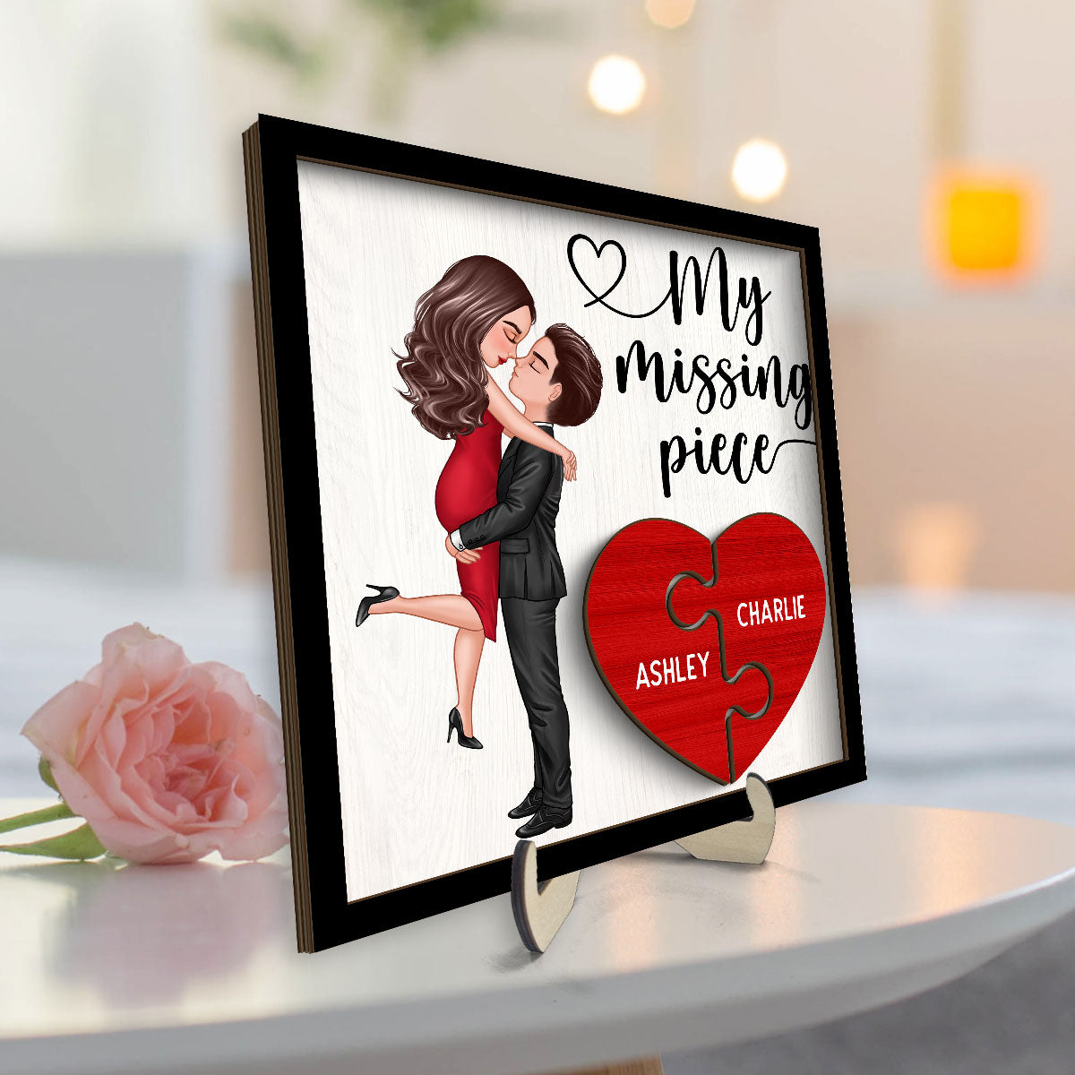 My Missing Piece Doll Couple Hugging Kissing Heart Piece Personalized 2-Layer Wooden Plaque