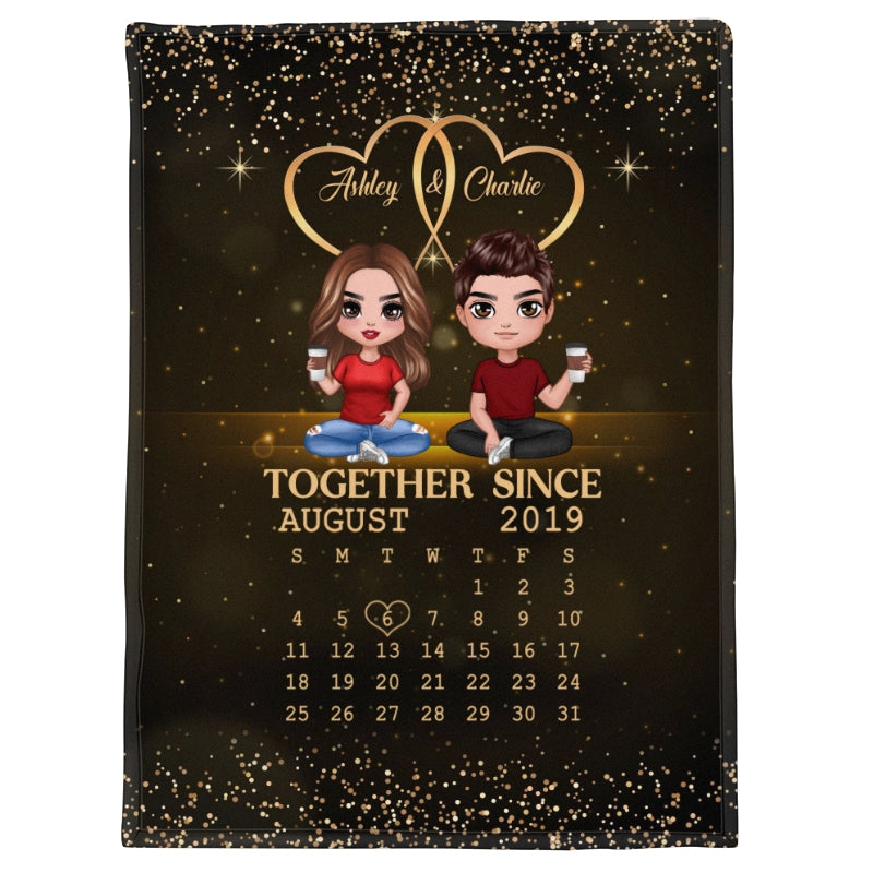 Doll Couple Sitting Together Since Anniversary Date Calendar Personalized Fleece Blanket - Anniversary Gift For Couple - Gift For Him, Gift For Her