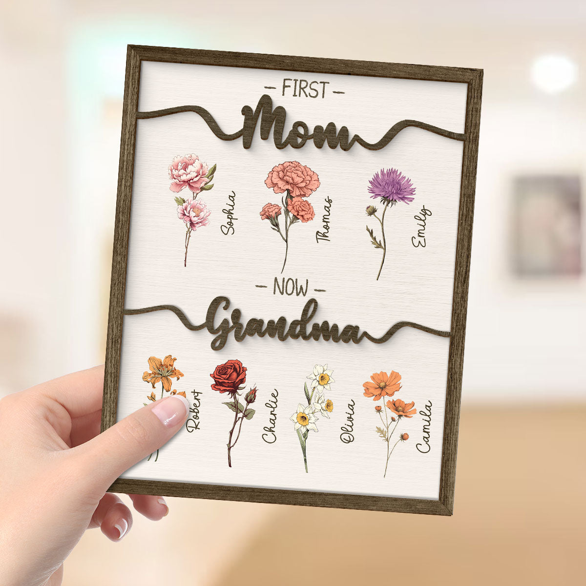 First Mom Now Grandma Vintage Birth Month Flowers Personalized 2-Layer Wooden Plaque, Heartfelt Gift For Grandma, Mom