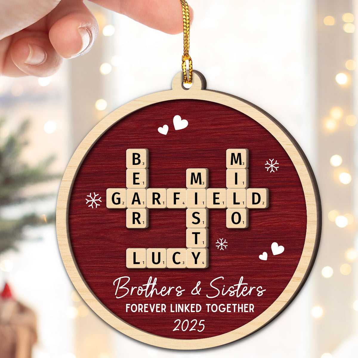 Siblings Forever Linked Together Crossword Puzzle Art - Personalized 2-Layer Wooden Ornament