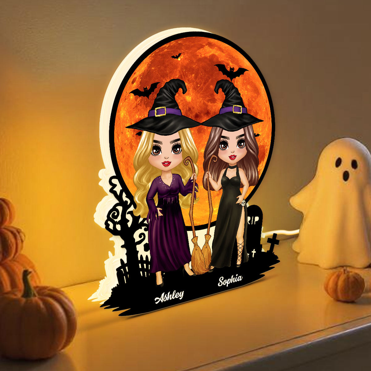 Witch Besties Under Halloween Moon Tabletop Wicca Pagan Decor Personalized Light Box, Halloween Decor