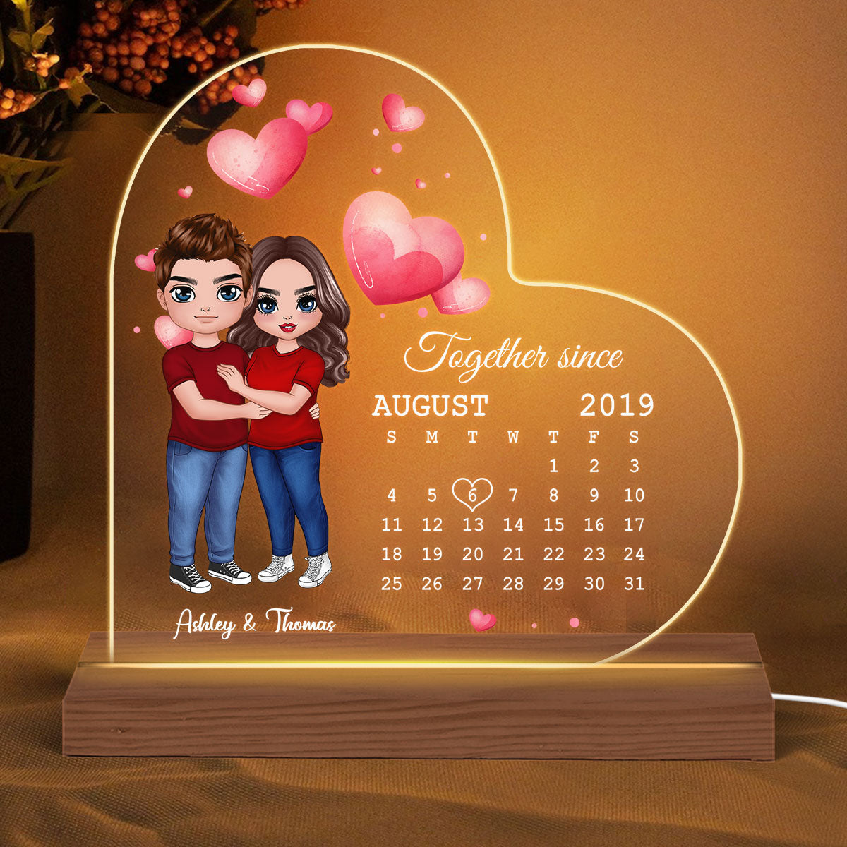 Doll Couple Hugging Standing Anniversary Date Calendar Personalized Heart Shaped Acrylic Plaque With LED Night Light - Anniversary Gift For Couple - Gift For Him, Gift For Her