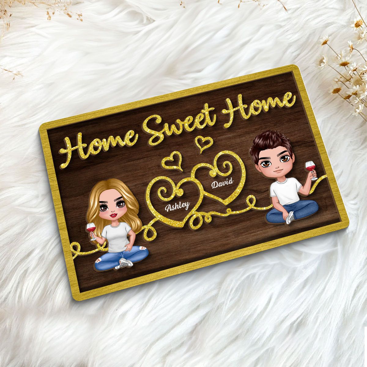 Doll Couple Sitting Home Sweet Home Valentine‘s Day Gift For Him For Her Personalized 2-Layer Wooden Plaque