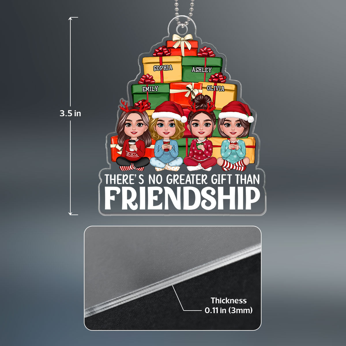 Besties Sisters Sitting Front Christmas Gift Pile Personalized Acrylic Ornament