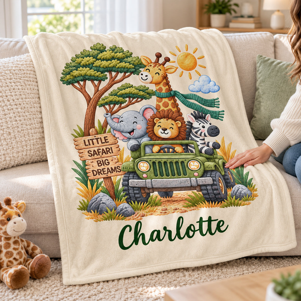 Little Safari Big Dreams Custom Name - Personalized Fleece Blanket - Baby Shower Gift, Birthday Gift For Baby Boys, Girls, Toddlers, Grandkids