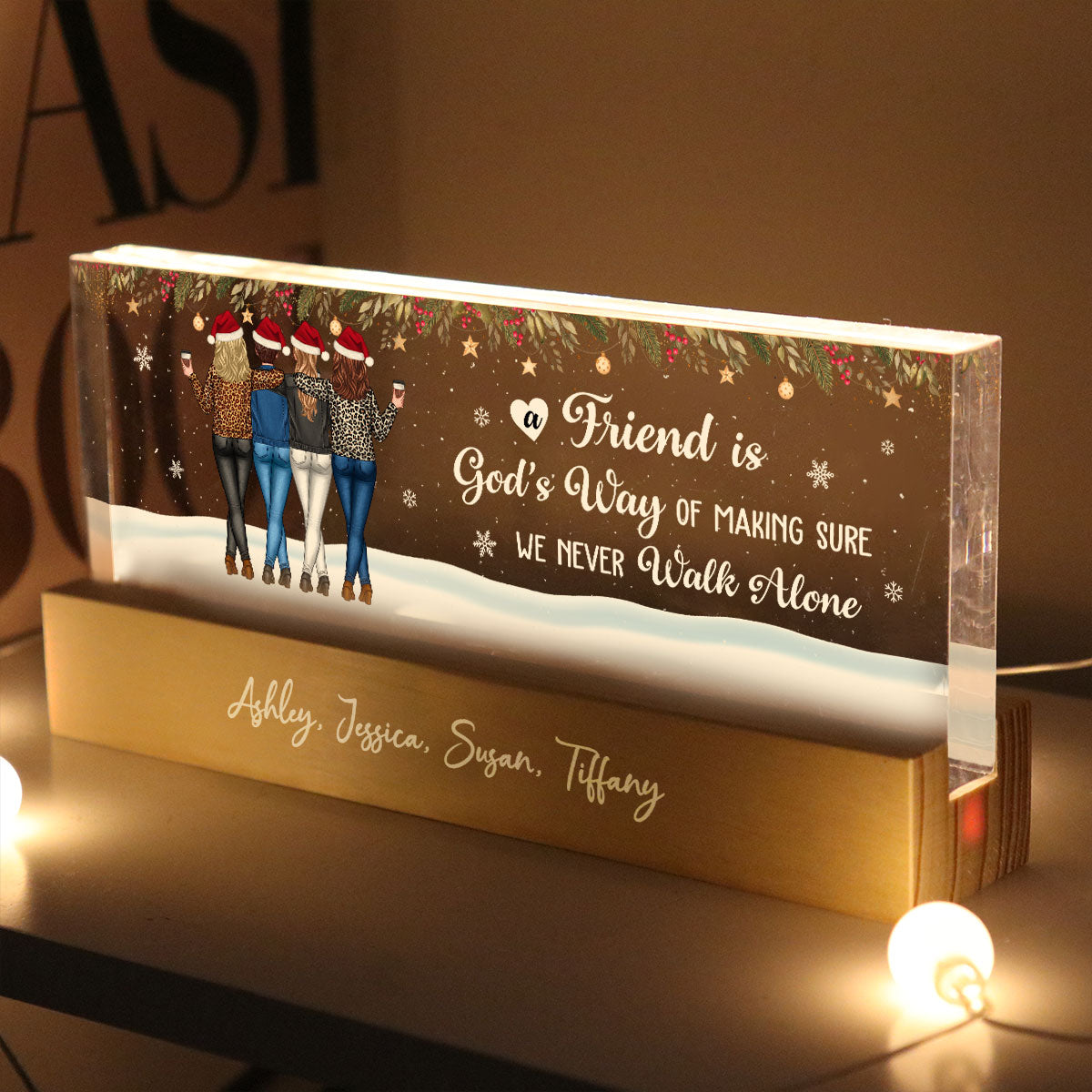 Christmas Friends Standing In Snow Personalized Acrylic Block LED Night Light