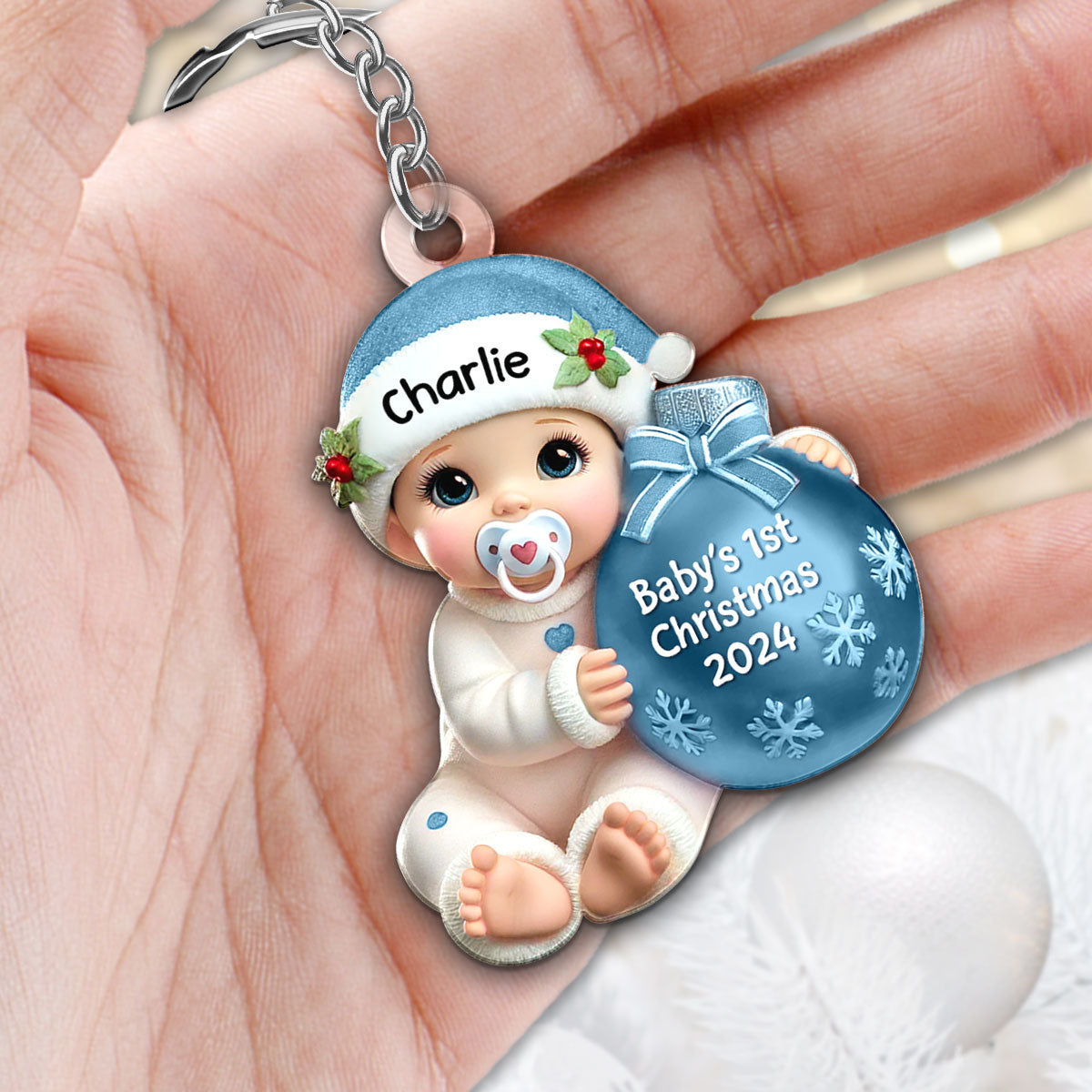 Baby Beside Christmas Bauble Baby's First Christmas Personalized Flat Acrylic Keychain