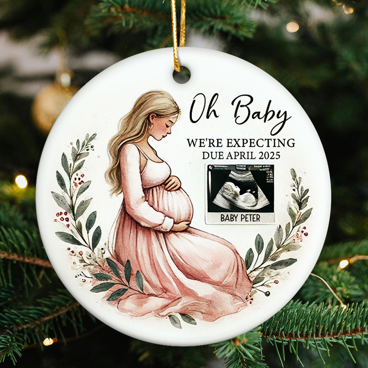 Oh Baby We're Expecting Pregnant Mom Baby Bump's Christmas Personalized Ceramic Ornament