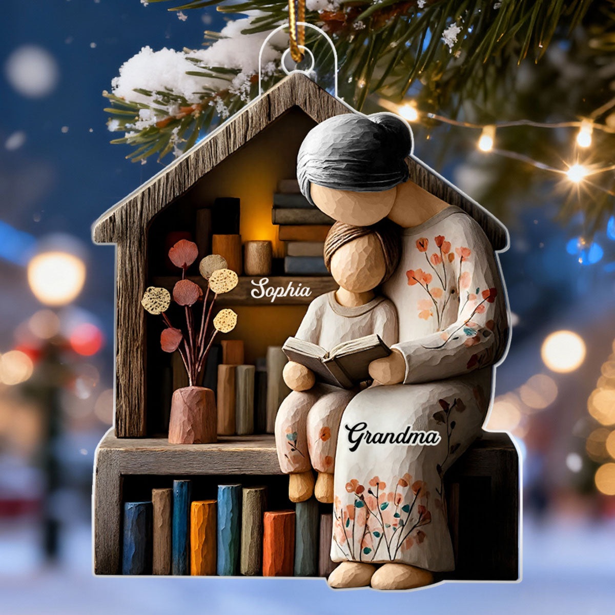 3D Effect Wooden Grandma Grandkid Reading Book - Personalized Acrylic Ornament - Heartwarming Christmas Gift For Grandma, For Family