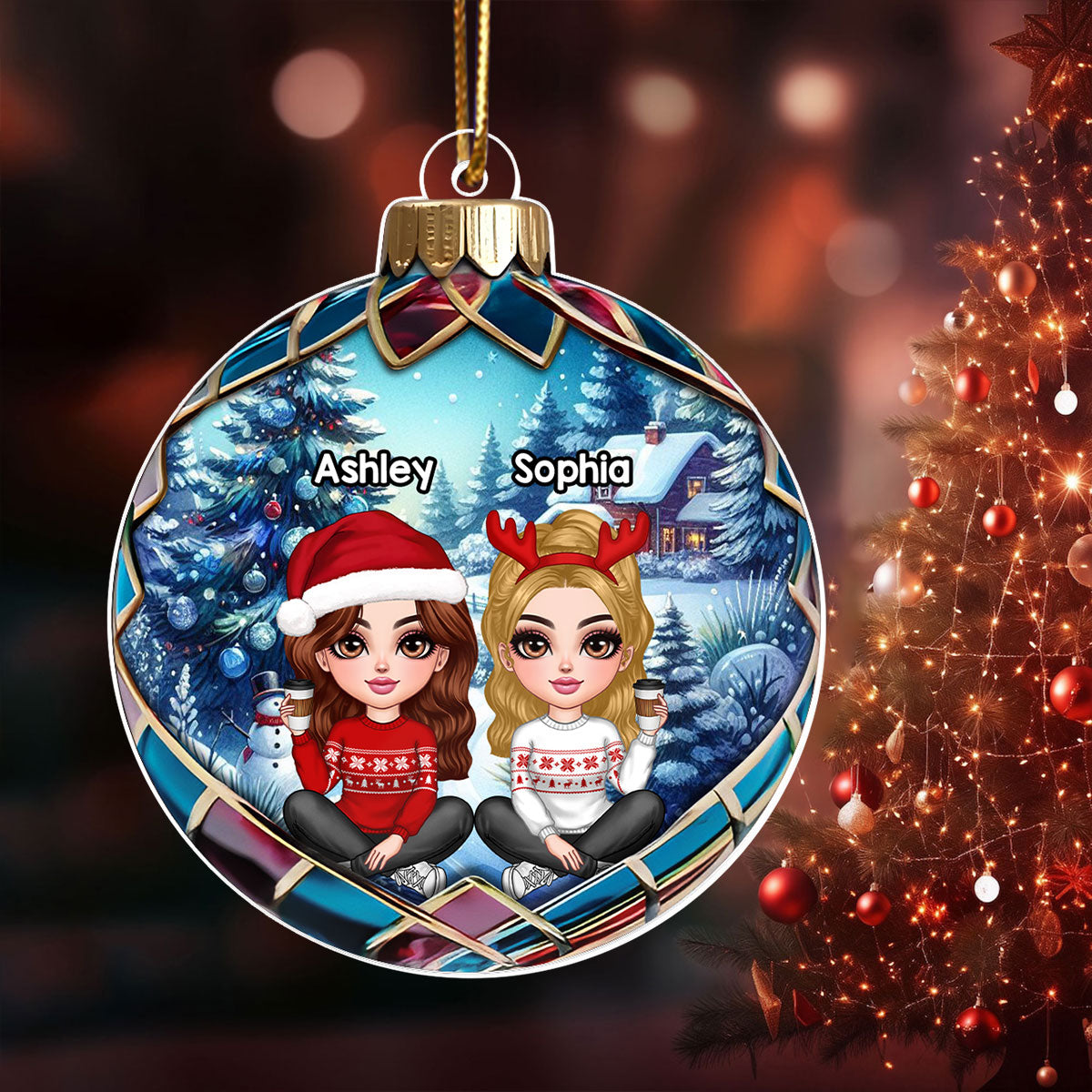 Realistic Christmas Winter Scene Besties Sisters Personalized Acrylic Ornament, Christmas Gift for Besties, Sisters, Friends
