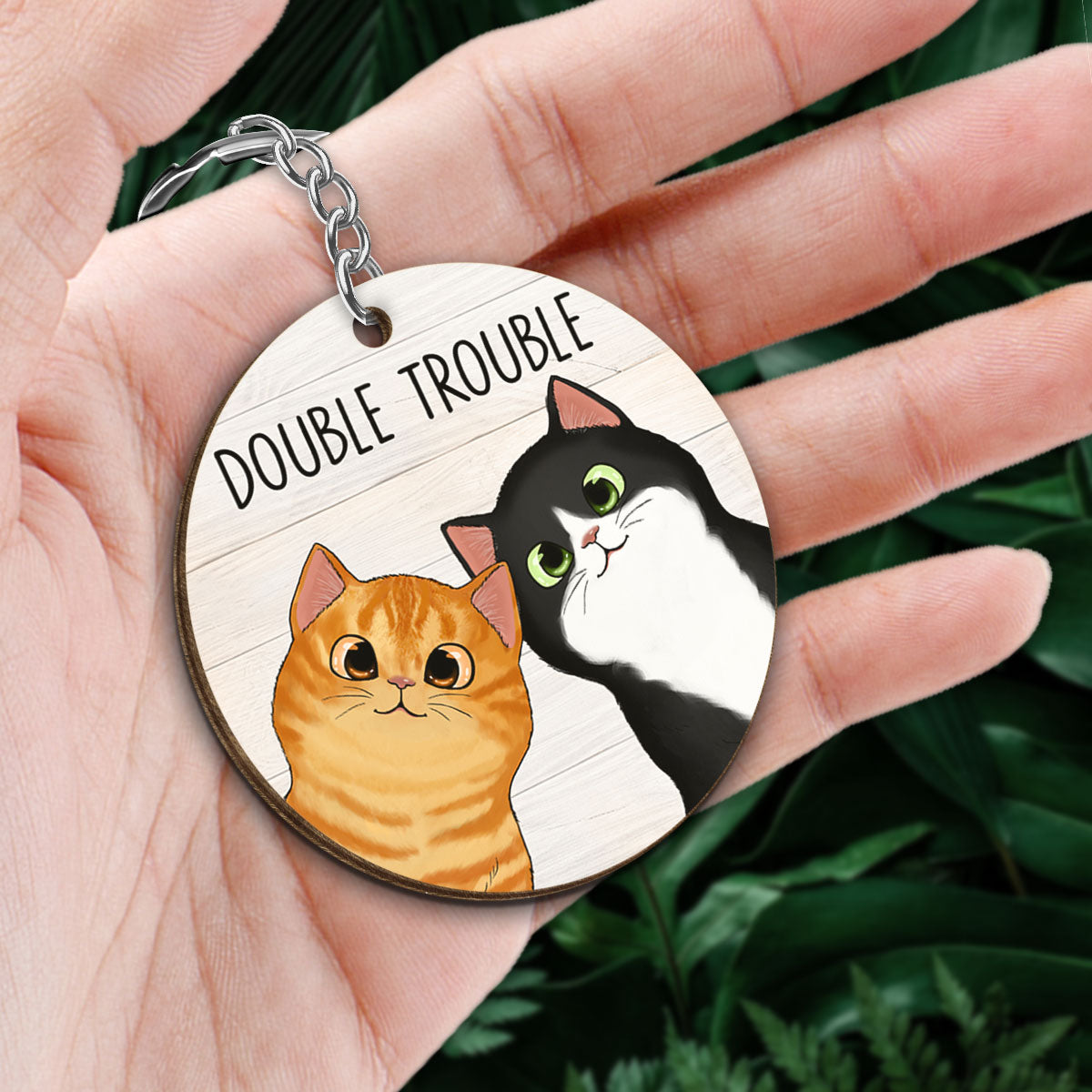 Peeking Fluffy Cats Double Trouble Personalized Wooden Keychain