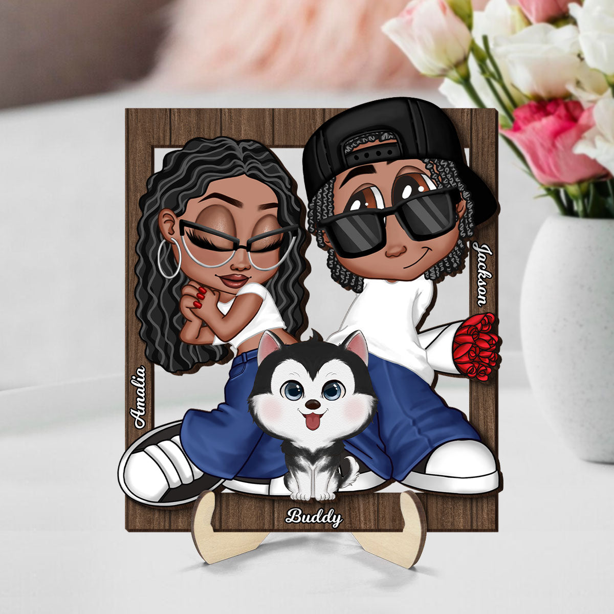 Y2K Couple Dogs Cats Frame Personalized 2-layer Wooden Plaque,  Gift for Him, Gift for Her
