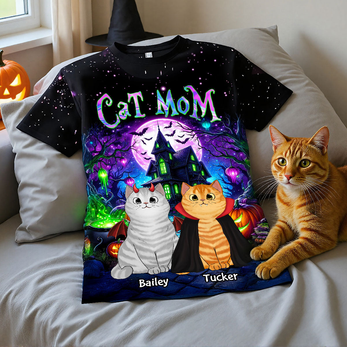 Cat Mom Halloween Dreamscape Background Personalized Shirt, Purrfect Costume for Cat Lover