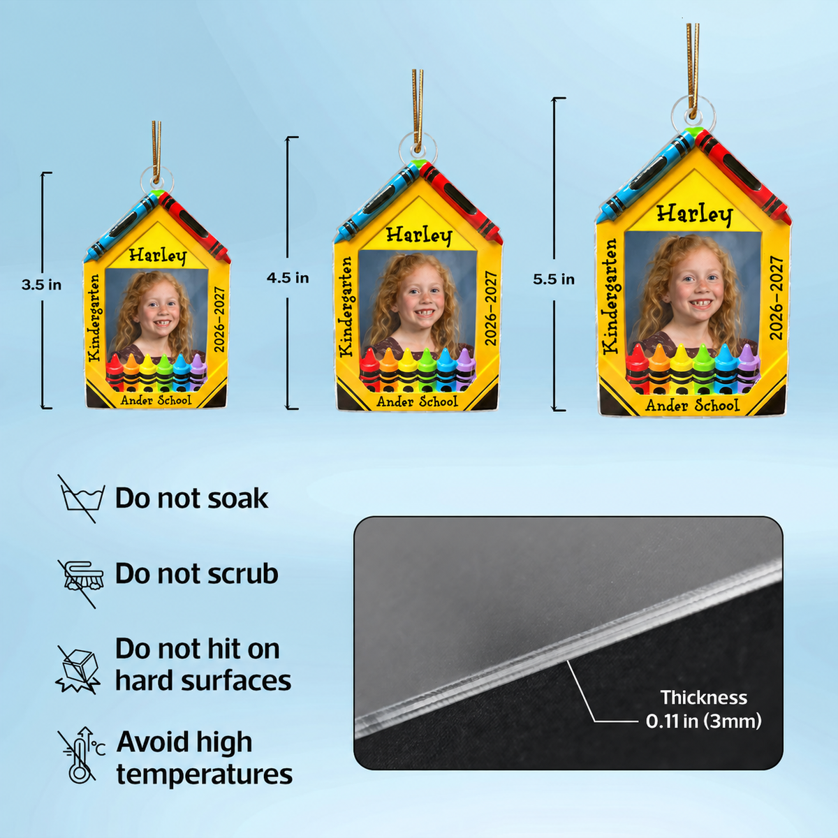 3D Effect Crayon Frame Custom Photo - Personalized Acrylic Ornament - PreK Kindergarten School Milestone Gift
