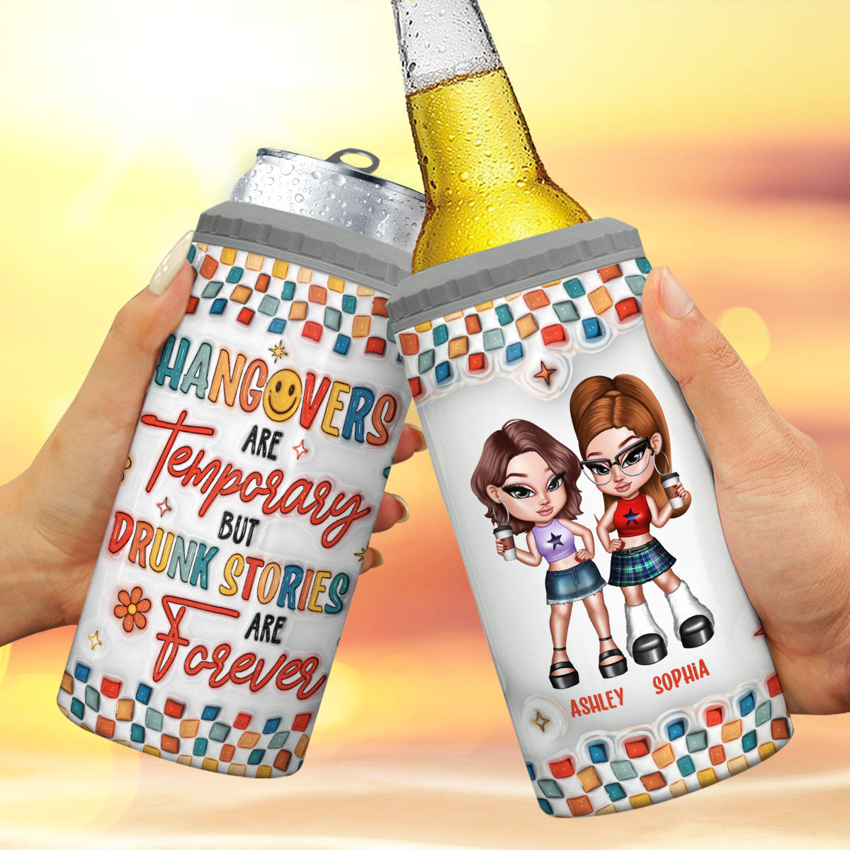 Summer Y2K Besties 3D Inflated Effect Print Personalized 4 In 1 Can Cooler, Gift For Besties