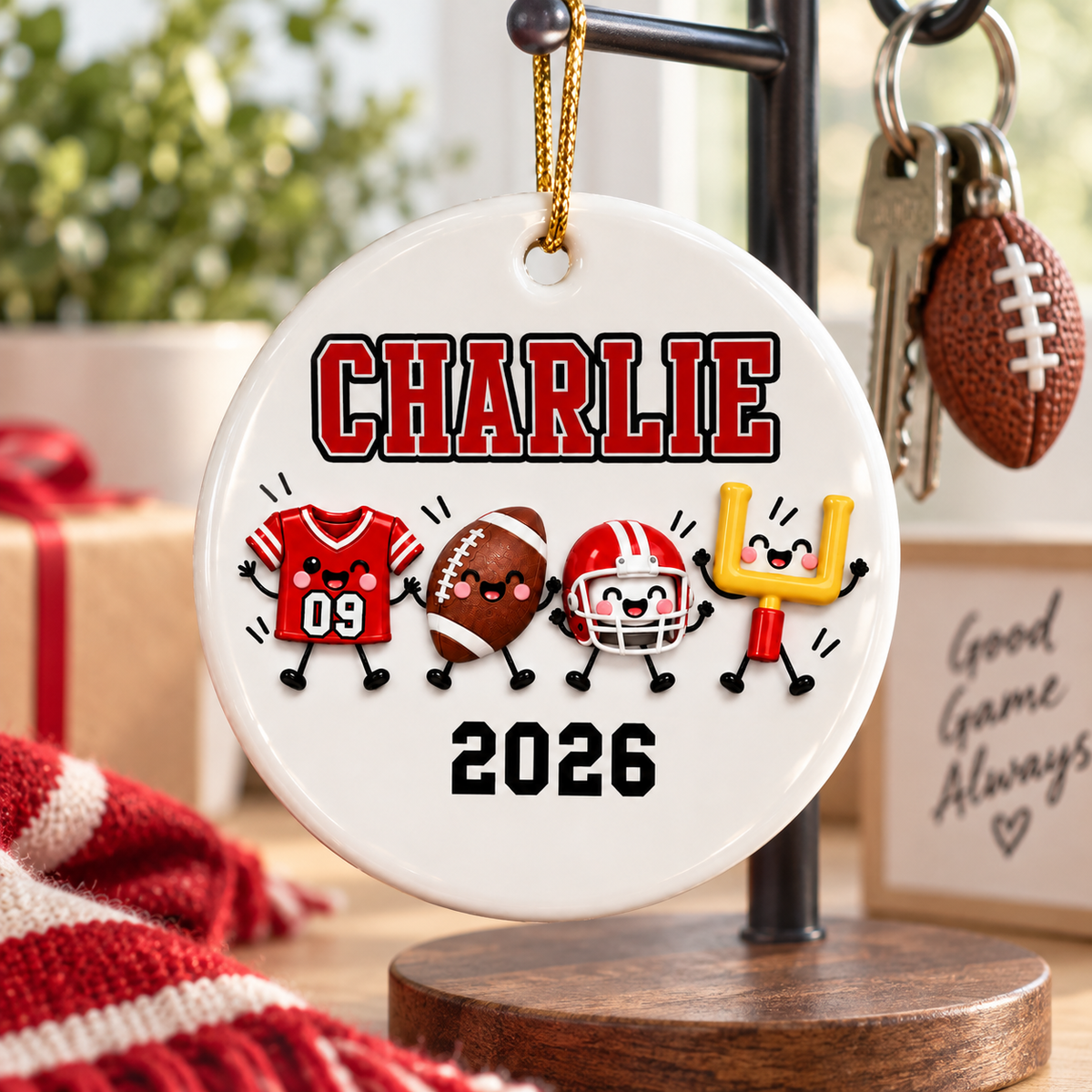 Football Things 2D Flat - Personalized Ceramic Ornament – Custom Name Football Christmas Keepsake Gift for Player, Son, Daughter, Teen