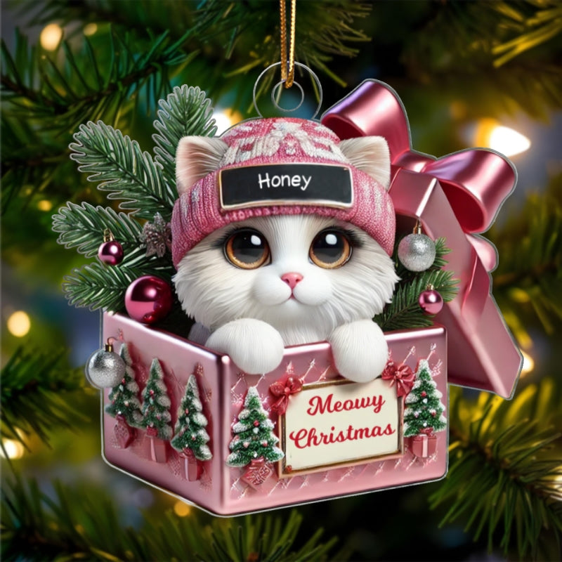 Cute Cat Inside Gift Box Personalized 2D Flat Acrylic Ornament, Christmas Gift for Cat Lovers