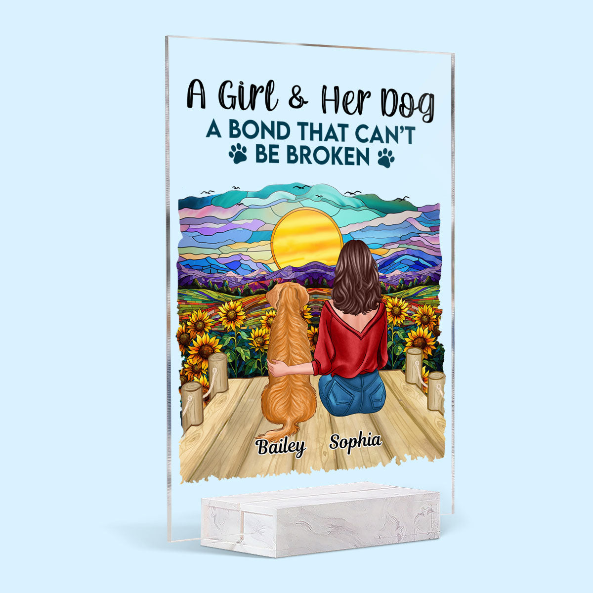 Girl & Dog Bond Cannot Be Broken Sunflower Stained Glass Effect Personalized Acrylic Plaque