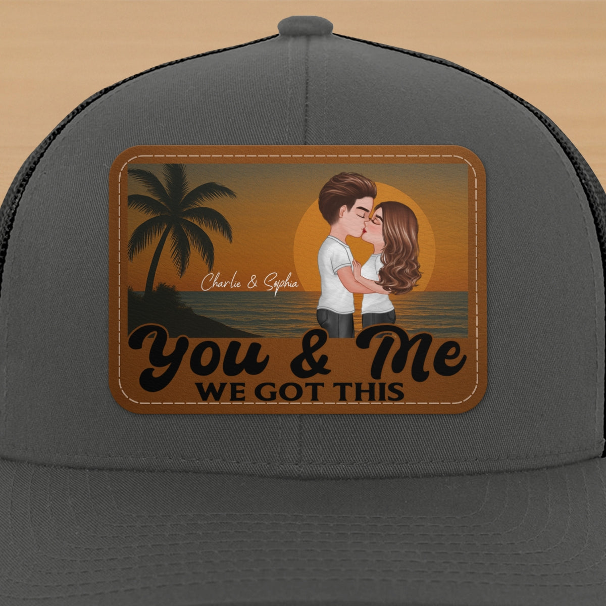 Retro Beach Summer Couple Kissing Personalized Leather Patch Hat
