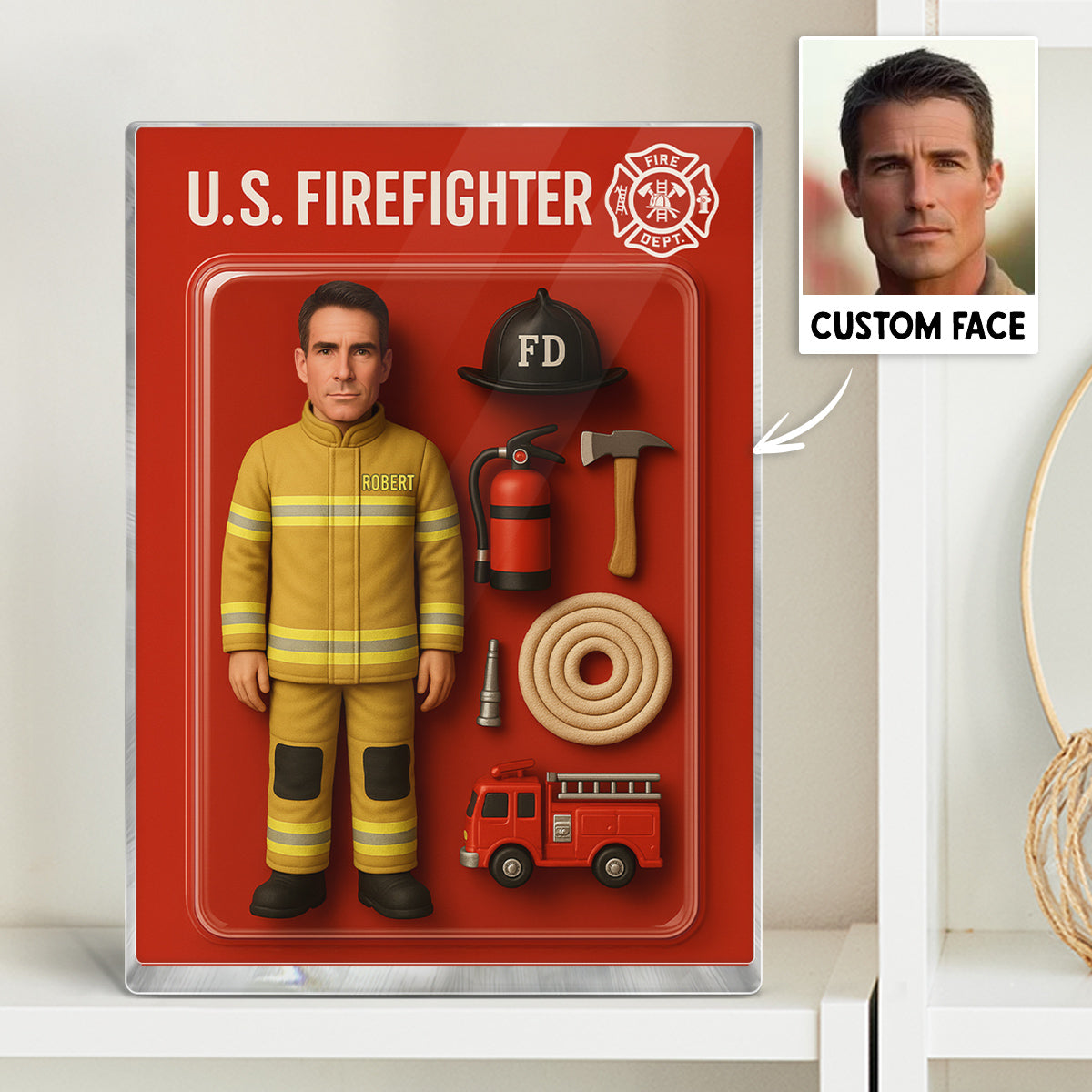 3D Effect Firefighter Custom Figure Personalized Flat Rectangle Acrylic Block| Unique Father's Day Gift For Firefighters, Dad, Husband