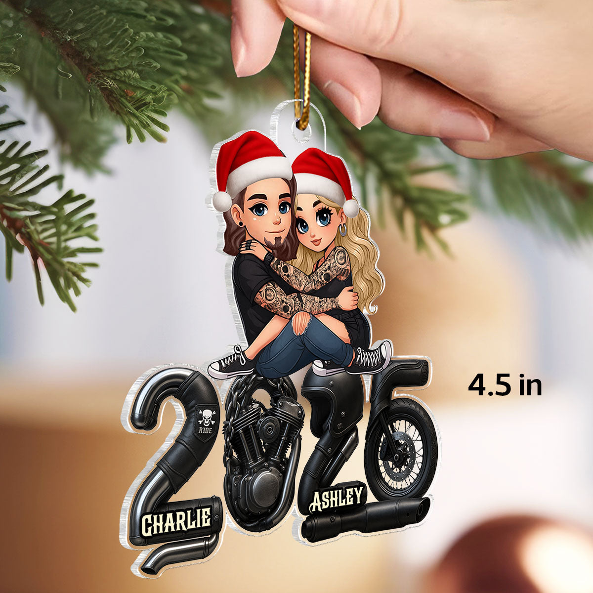 3D Effect Biker Couple- Personalized Acrylic Car Hanger- Gift For Bikers, Gift For Him, For Her