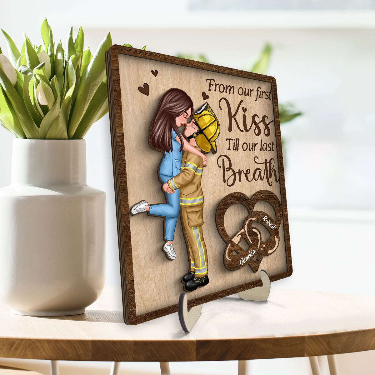 From Our First Kiss Till Our Last Breath Gifts by Occupation Gift For Her Gift For Him Firefighter, Nurse, Police Officer Personalized 2-Layer Wooden Plaque