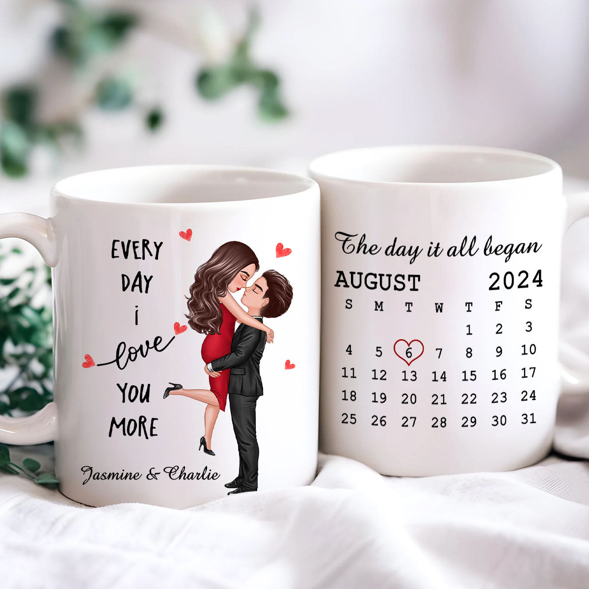 Everyday I Love You More Couple Hugging Kissing Calendar Keepsake  Gift Personalized Mug