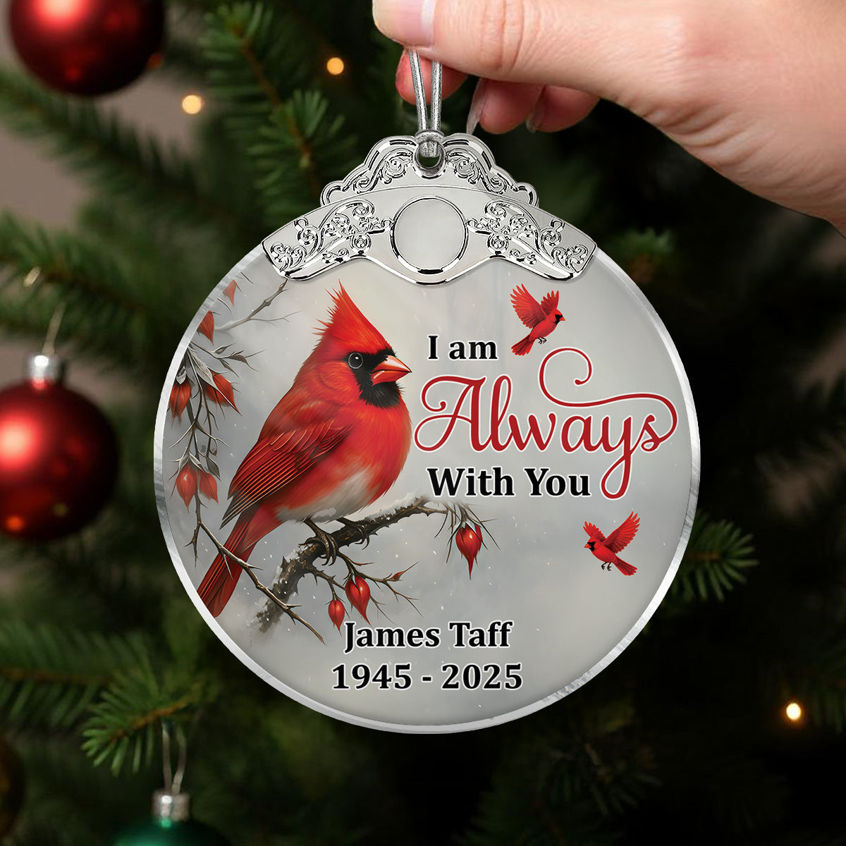 Winter Cardinal Always With You Christmas Memorial - Personalized Glass Ornament With Silver Cap
