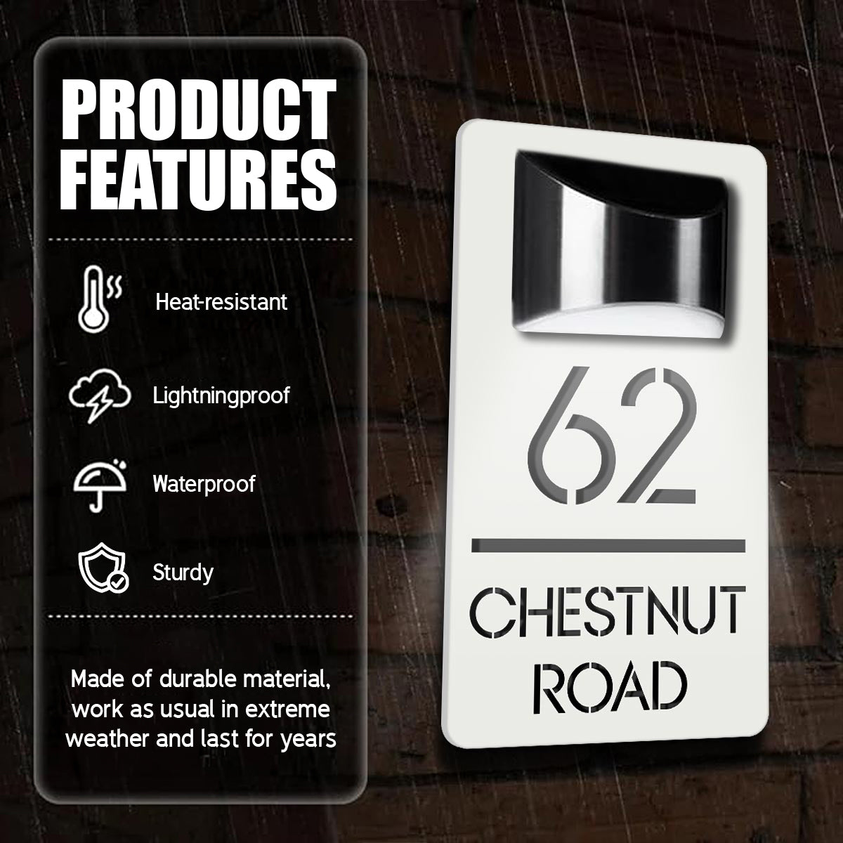 Modern Personalized House Number Address Sign With Waterproof Solar Powered LED Light