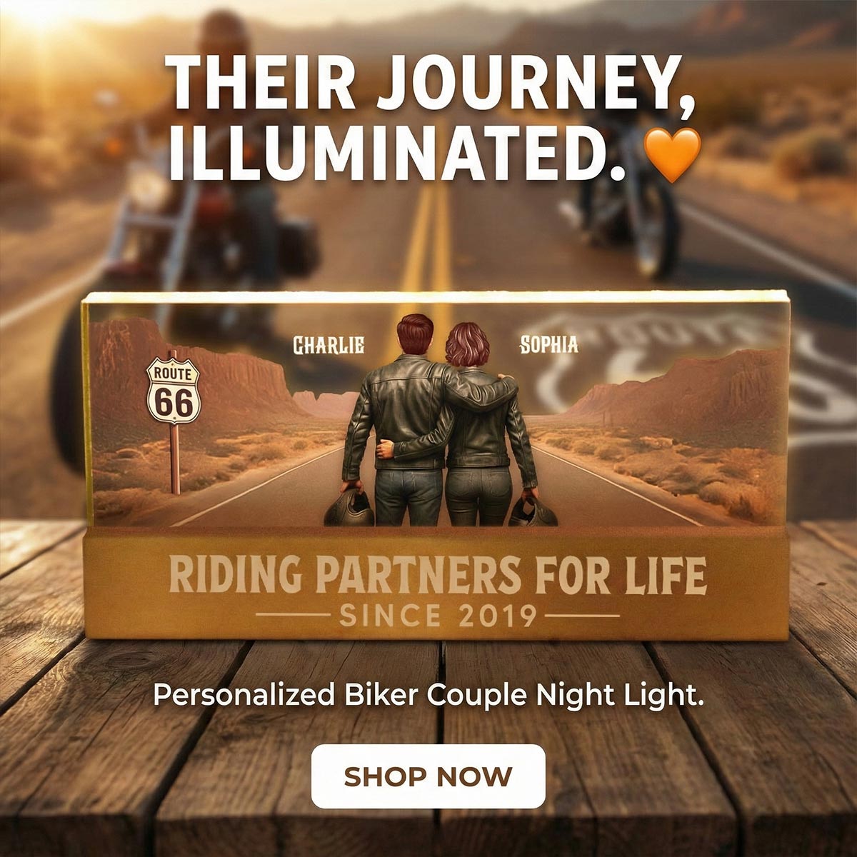 Eternal Love Back View Biker Couple Riding Partners For Life - Personalized Acrylic Block LED Night Light - Heartfelt Valentine's Day Gift, Anniversary Gift For Couple, Bikers, Gift For Him, For Her