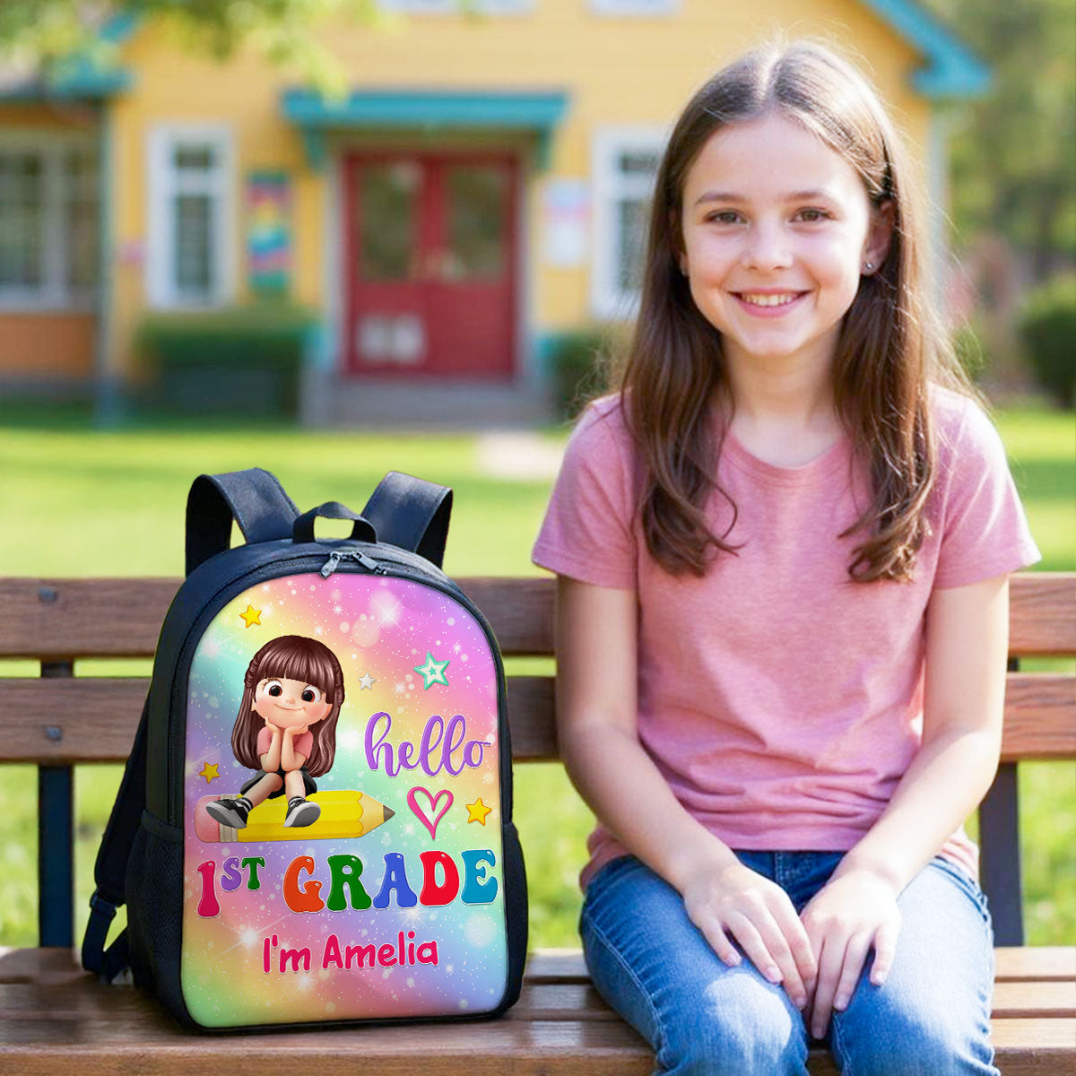 Kid Sitting On Pencil Personalized Kid Backpack, Back To School gift