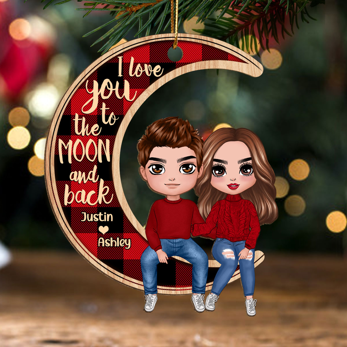 Couple Sitting On Moon Christmas Personalized Wooden Ornament