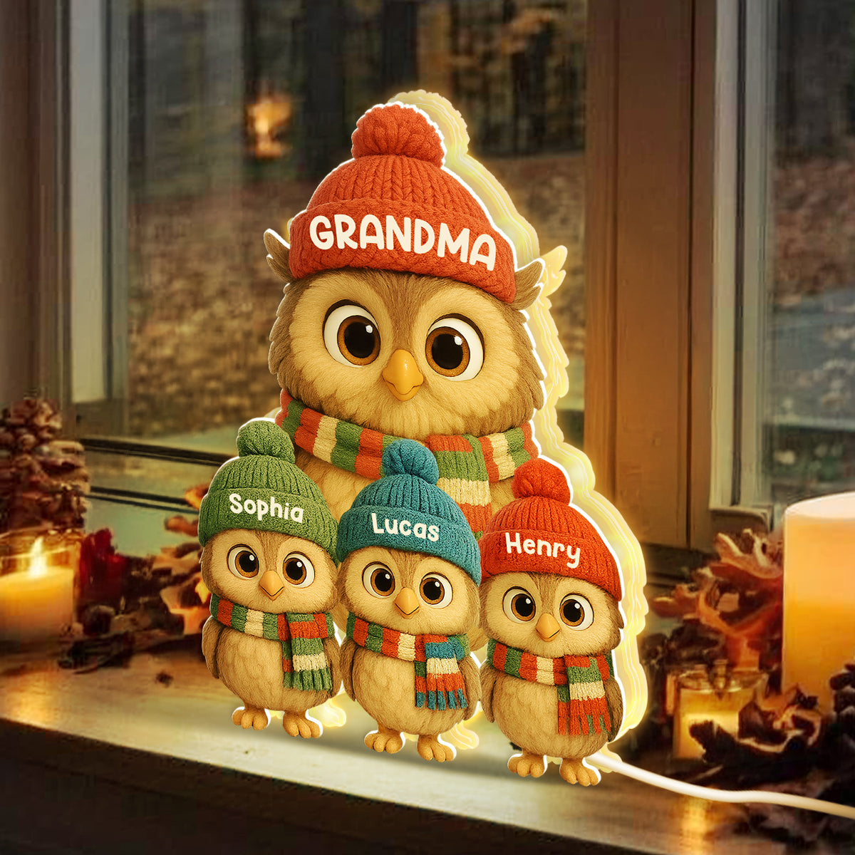 3D Effect Heartwarming Christmas Owls Grandma Grandkids - Personalized Light Box