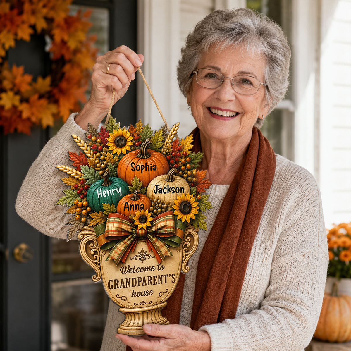 Grandparent's House Monogram Pumpkin - Personalized Door Sign - Fall Season Decor Gift, Gift For Grandma Grandpa