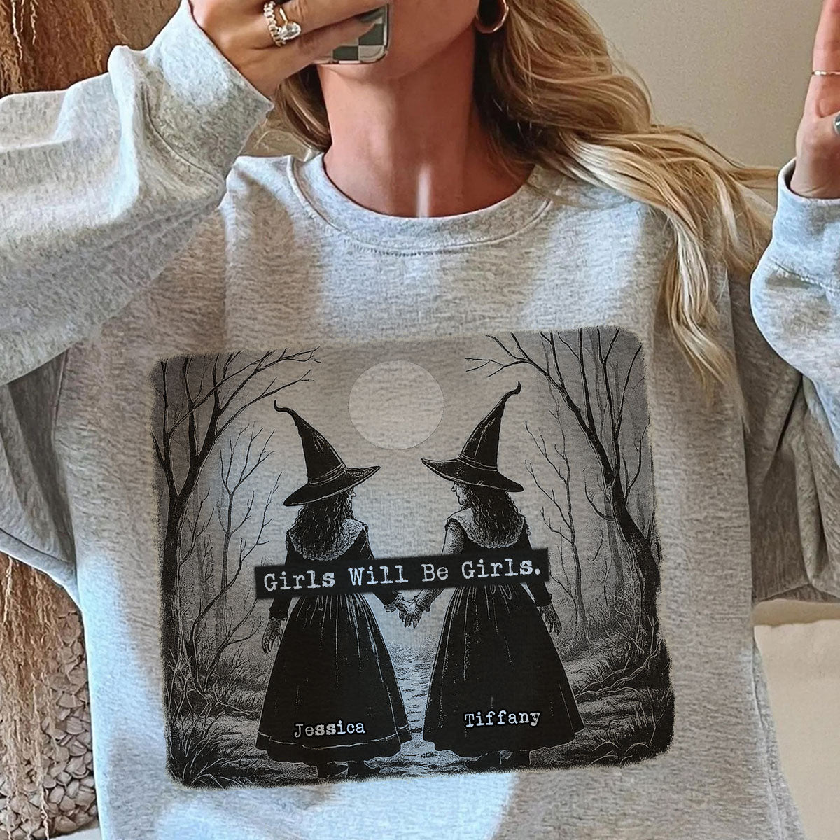 Vintage Witch Girls Will Be Girls Personalized Sweatshirt, Halloween Party Matching Shirt