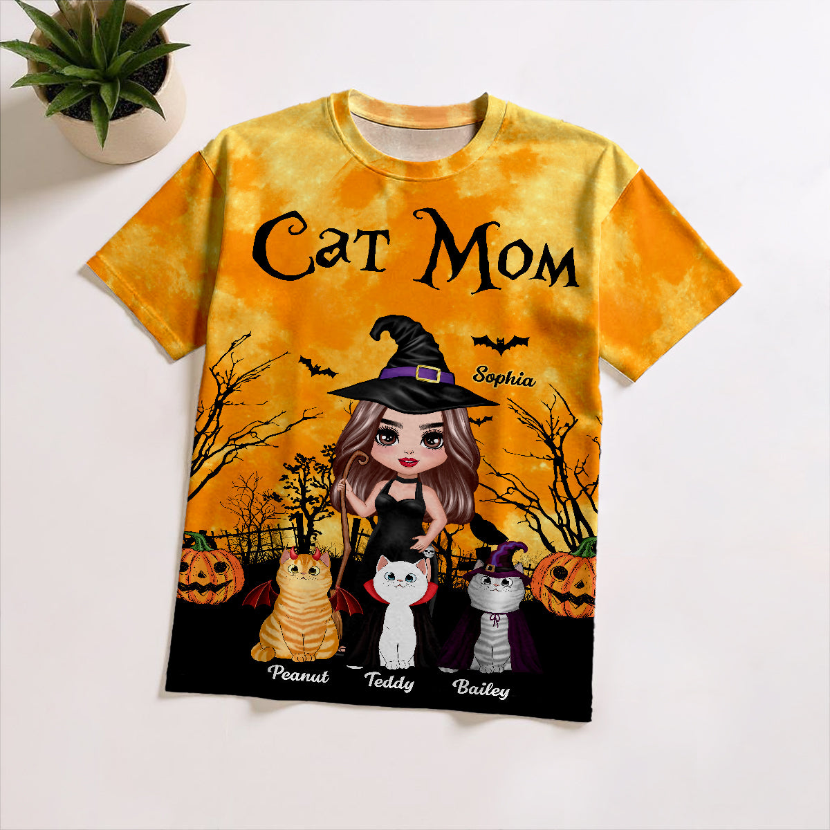 Witch Cat Mom Halloween Moon Light Bat Tree Personalized Shirt, Purrfect Costume for Cat Lover